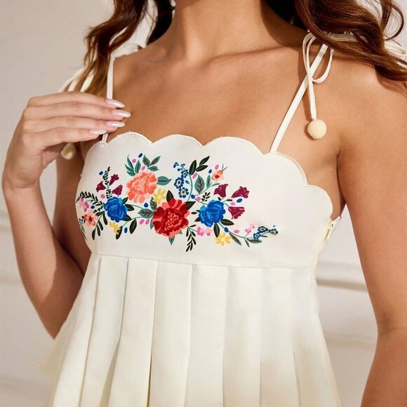 Apricot Boho Women's Floral Print Pompom Spaghetti Strap Scallop Cami Top - Picture 8 of 8